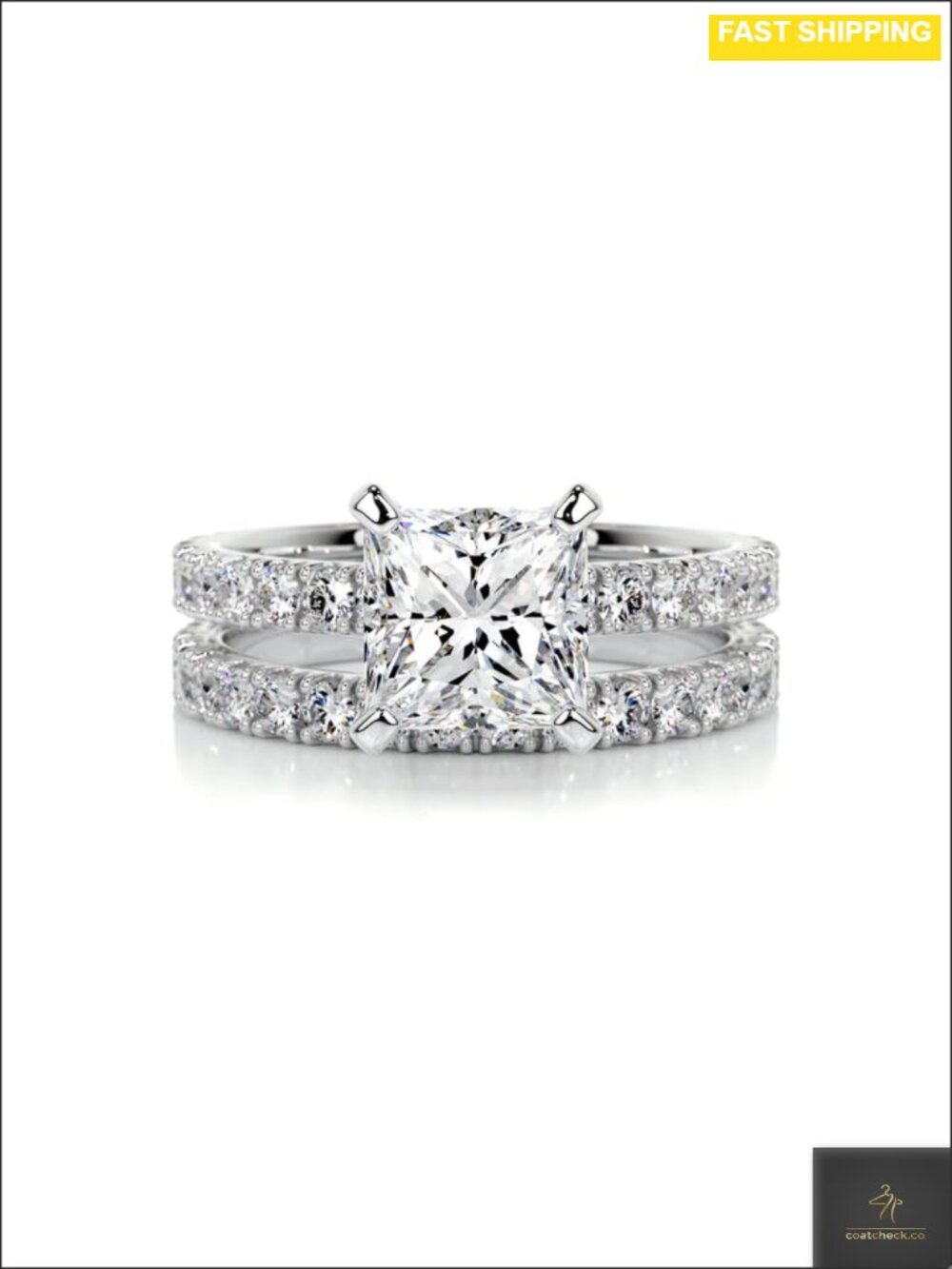 Princess Moissanite Bridal Set Platinum Plated Silver Cathedral Ring